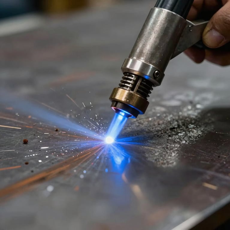 Close-up of a high-power plasma cutter slicing through a thick metal plate with blue light reflections.