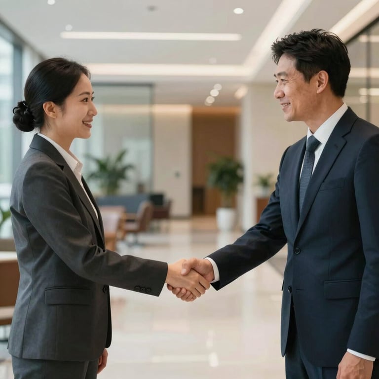 Two financial experts in business attire shaking hands in a sophisticated, brightly lit office lobby.