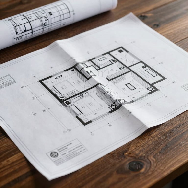 A detailed shot of architectural blueprints for a commercial project laid out on a dark wood table.