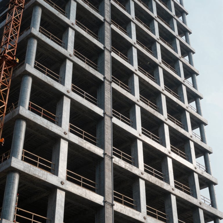A construction site of a modern urban high-rise showing massive steel beams and progress.