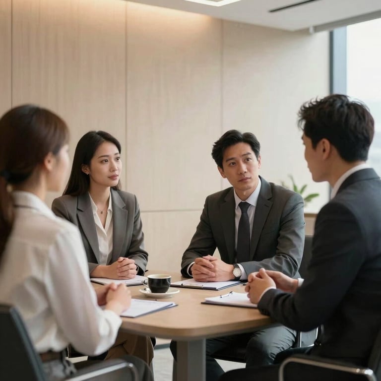 A professional consulting session in a modern office with parchment-colored walls and sophisticated decor.