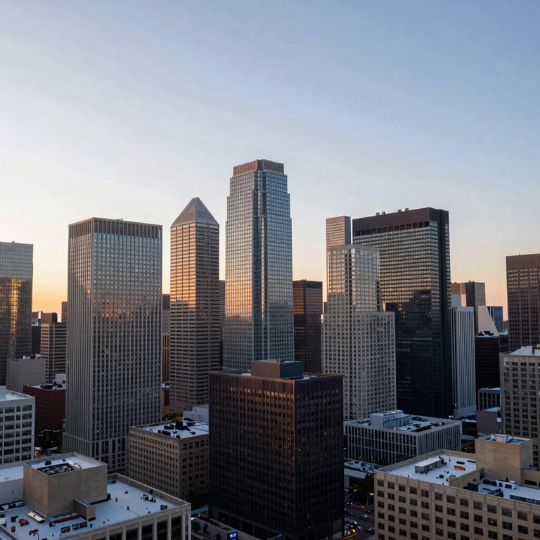 An expansive, wide-angle view of a North American urban skyline at sunrise with towering glass buildings.