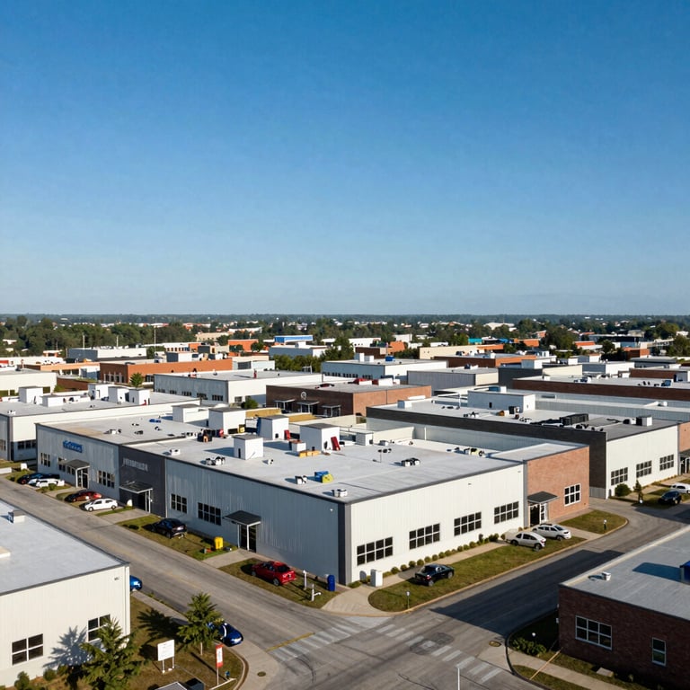 A large-scale commercial retail development under a clear blue North American sky.