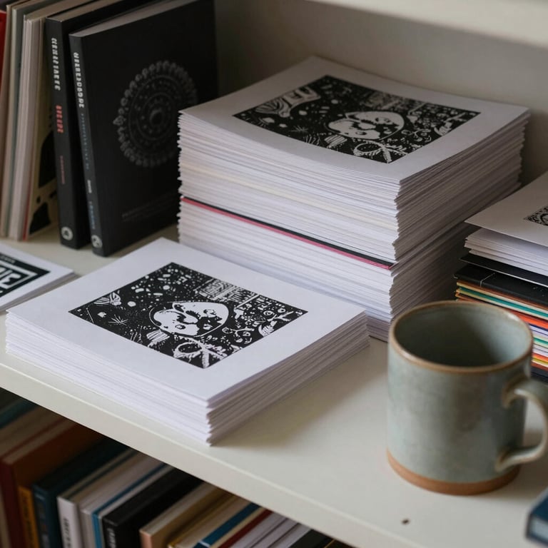 A cluttered studio shelf with stacks of self-published zines, physical screenprints, and a raw ceramic mug. Low-key natural light illuminates the paper textures.