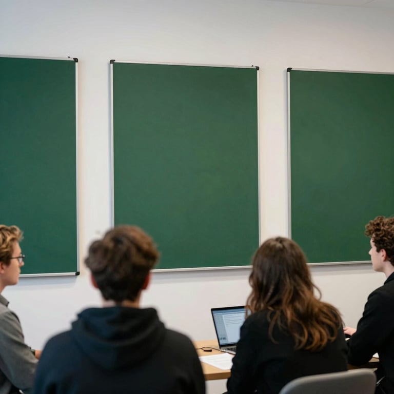 Photography of a creative brainstorming session in a Northern European / Scandinavian agency office with matte forest green mood boards and crisp parchment walls.