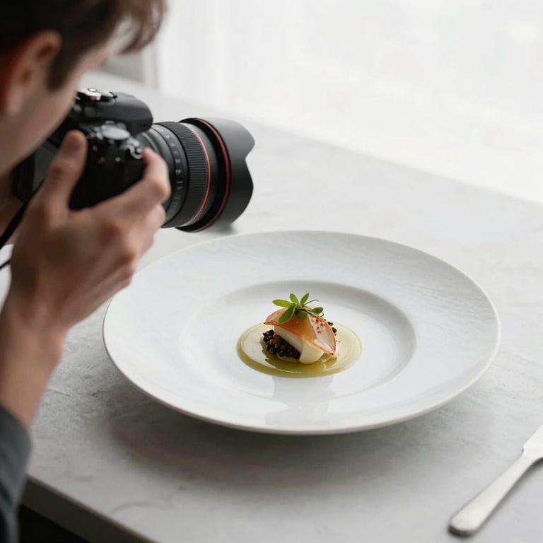 Photography of a professional photographer in a Northern European / Scandinavian studio setting up a camera to shoot a minimalist dish on a crisp parchment ceramic plate.
