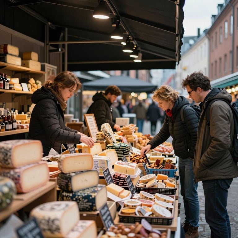 Photography of a modern, stylish food market in a Northern European / Scandinavian city with shoppers browsing artisan cheeses and local produce.