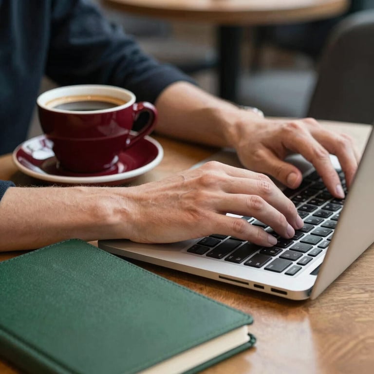 Photography of hands typing on a laptop in a Northern European / Scandinavian cafe, with a deep ripe crimson espresso cup and matte forest green notebook nearby.