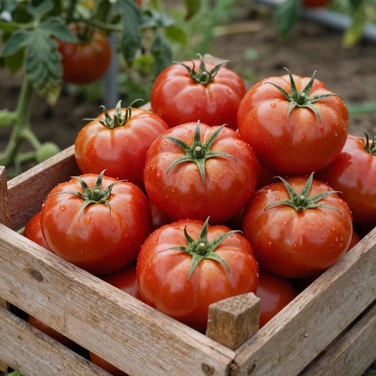Photography of a rustic wooden crate filled with vibrant deep ripe crimson organic tomatoes on a local farm in a Northern European / Scandinavian setting.
