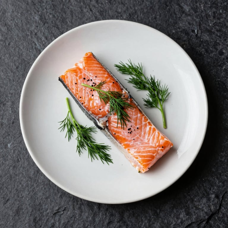 Photography of a beautifully plated Scandinavian-style salmon dish with dill, shot from a top-down perspective on a dark slate table.