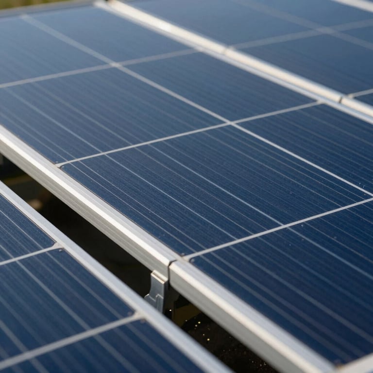 Technical close-up of high-grade monocrystalline half-cut solar panel textures under direct sunlight, showing precise grid lines and robust aluminum frame.