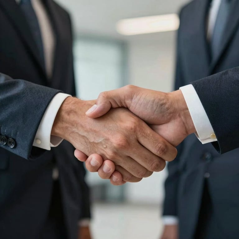 Close-up of a firm handshake between two people in business attire, symbolizing a successful job placement in a Brazilian corporate setting.