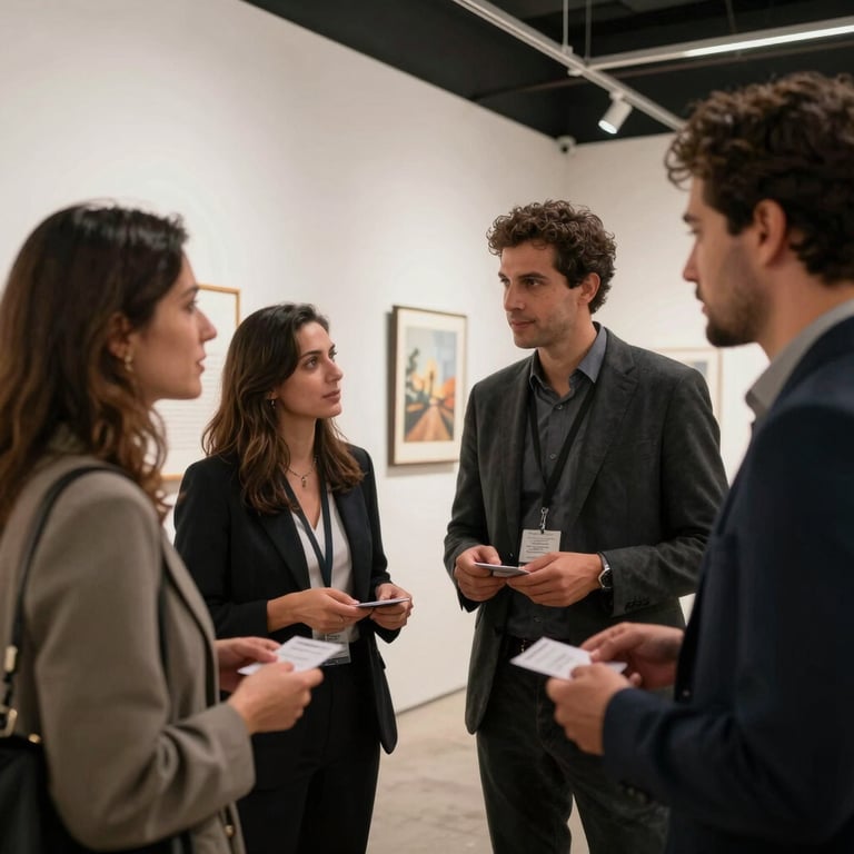 A networking event in a modern gallery space with professionals interacting and exchanging cards, South American city style.