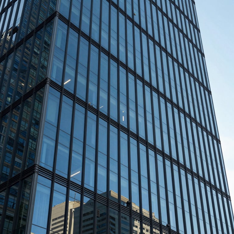 A modern office building with glass windows reflecting the blue sky, representing growth and corporate opportunity in Brazil.