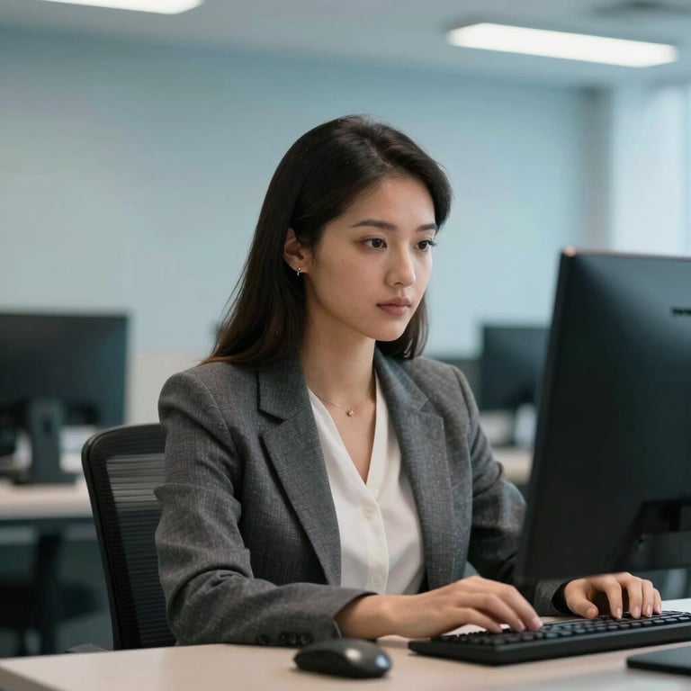 A focused young professional woman in a blazer working in a high-tech Brazilian office, light blue accent wall in the background.