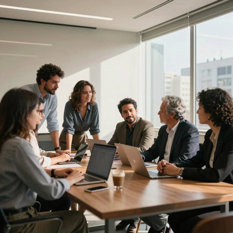 A group of South American professionals collaborating around a large table in a sunlit, modern office in São Paulo. Professional yet warm atmosphere.