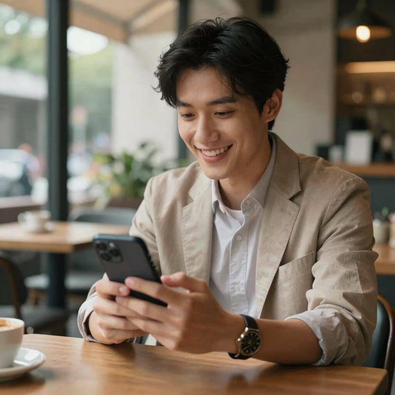 A person smiling at their phone screen in a stylish outdoor cafe, conveying good news and career success.