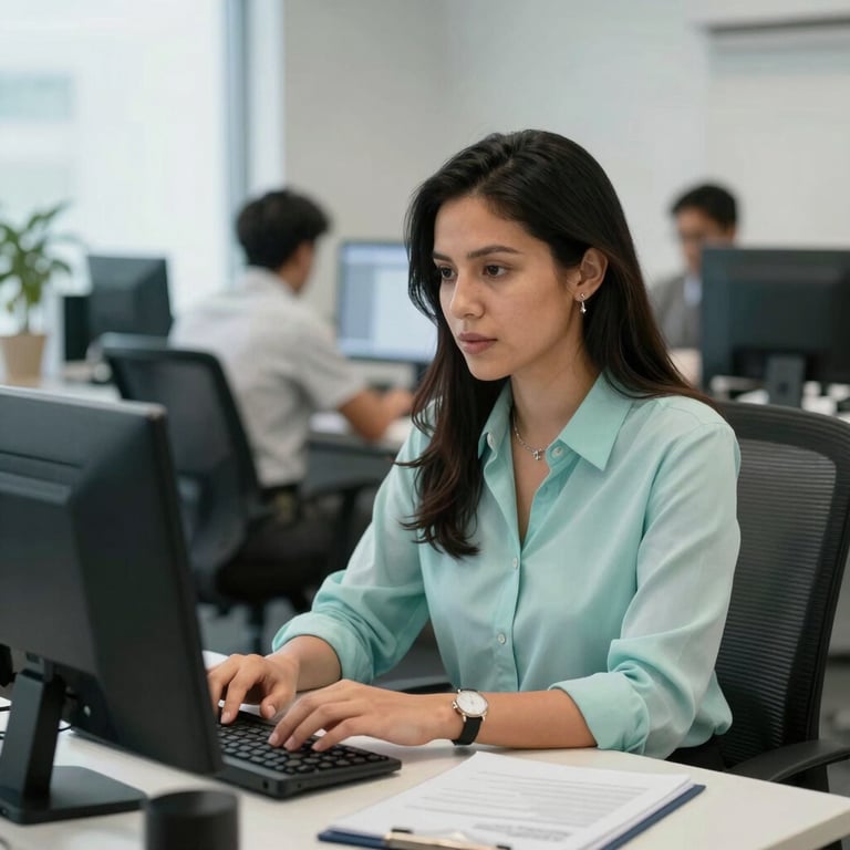 A professional administrator working in an organized Spanish / Latin American office environment with a Pale Mist and Soft Aqua palette.