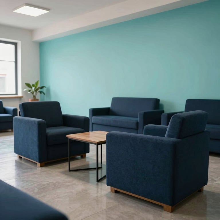 A modern reception area in a Spanish / Latin American dance school featuring Dark Navy Blue furniture and Soft Aqua details.