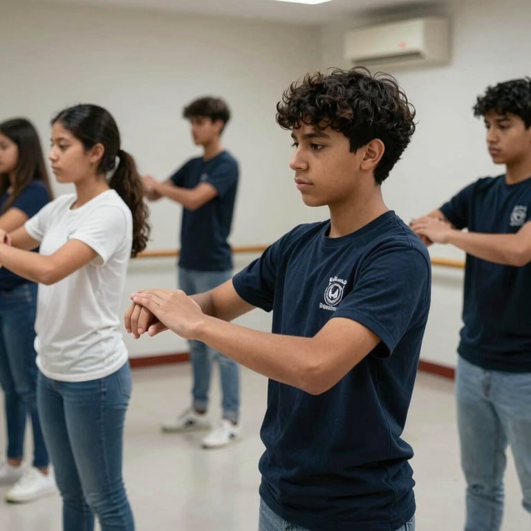 A group of students practicing in a Spanish / Latin American academy, showing a professional and focused atmosphere.