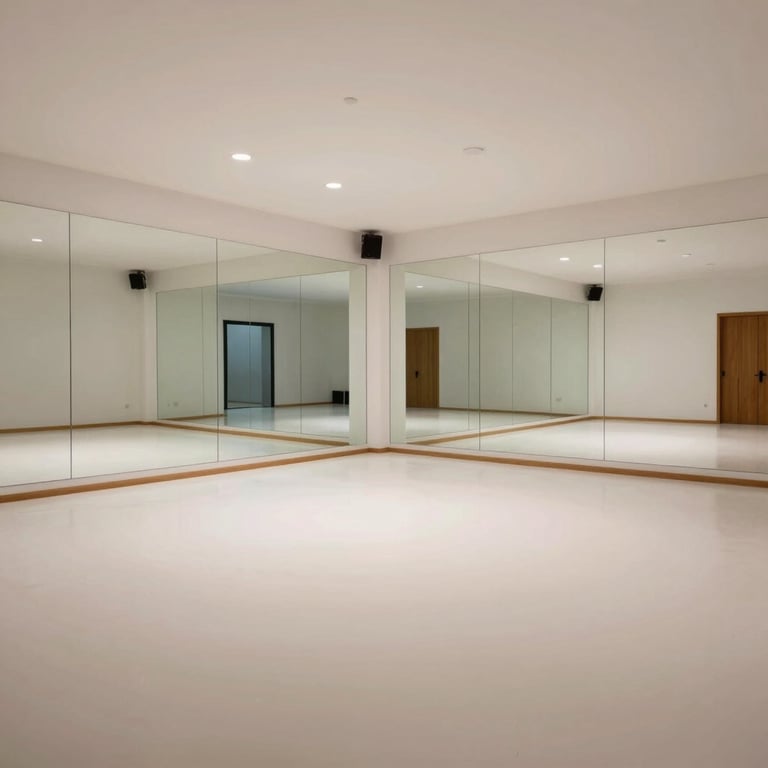A bright Spanish / Latin American dance studio with mirrors and Pale Mist flooring, minimalist and elegant design.
