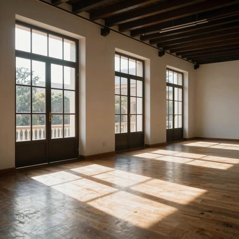 Sunlight streaming through large windows into a clean, modern Spanish / Latin American dance space with soft shadows.
