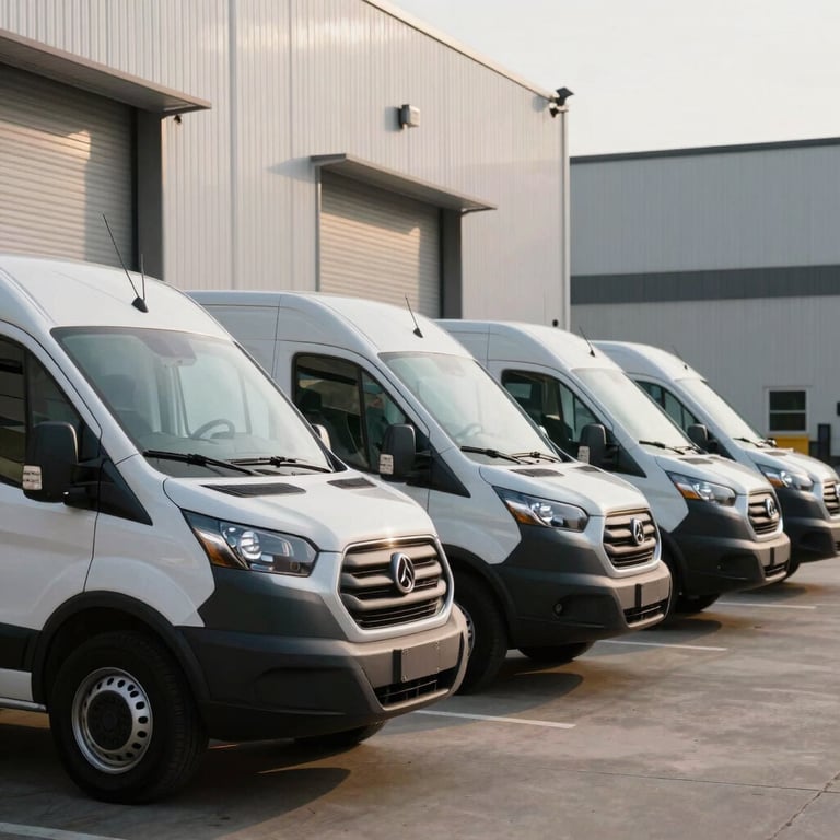 A fleet of professional service vans lined up outside a modern warehouse in the US, gleaming in the morning light.