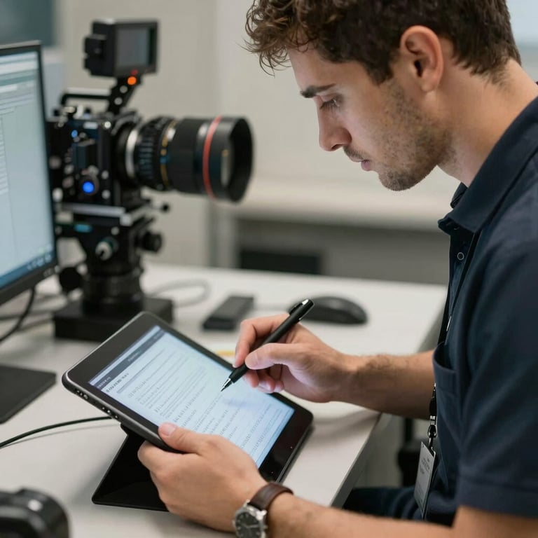 A North American technician using a digital tablet to finalize a quote, representing high-tech efficiency and professionalism.