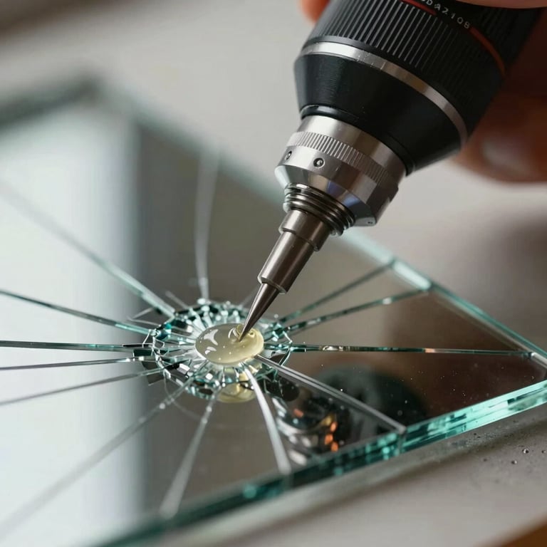 A precision tool applying specialized resin to a glass crack, emphasizing the intricate and reliable repair process.