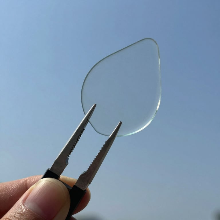 A macro shot of a perfectly repaired glass chip, showing crystal-clear transparency against a sky blue background.