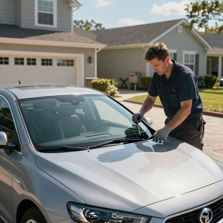 A wide shot of a technician installing a new windshield in a sunlit residential driveway with a clean, high-tech aesthetic.