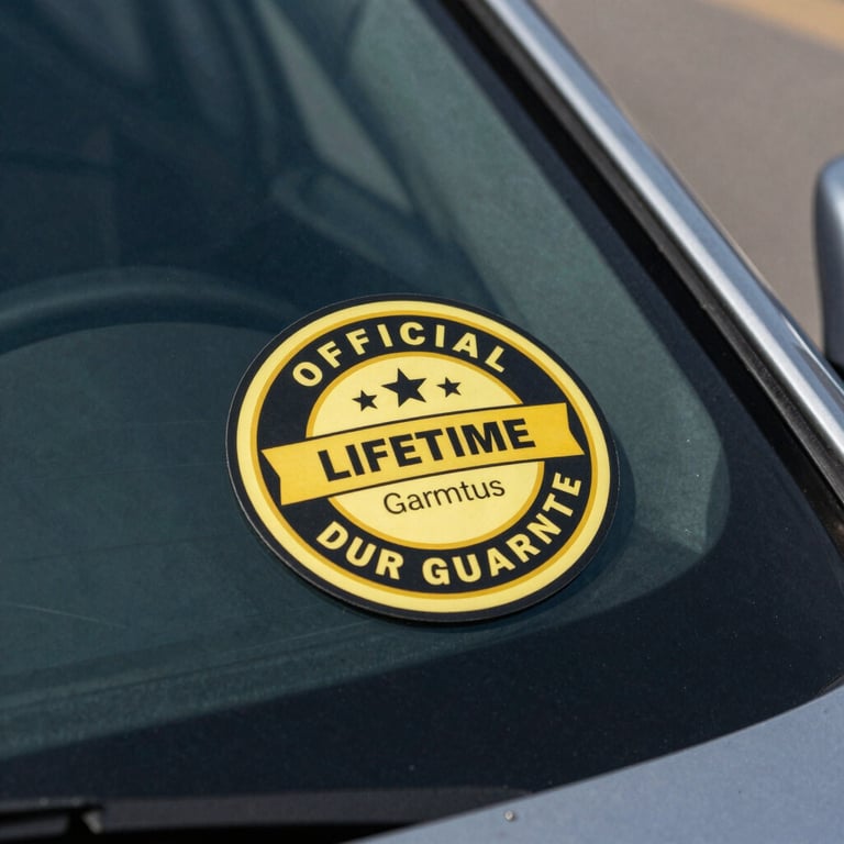 Close-up of an official lifetime guarantee sticker being placed on the corner of a flawless new windshield.