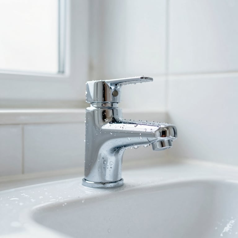Close-up of a sparkling clean chrome bathroom fixture with water droplets, bright daylight, shallow depth of field, pristine white tile background