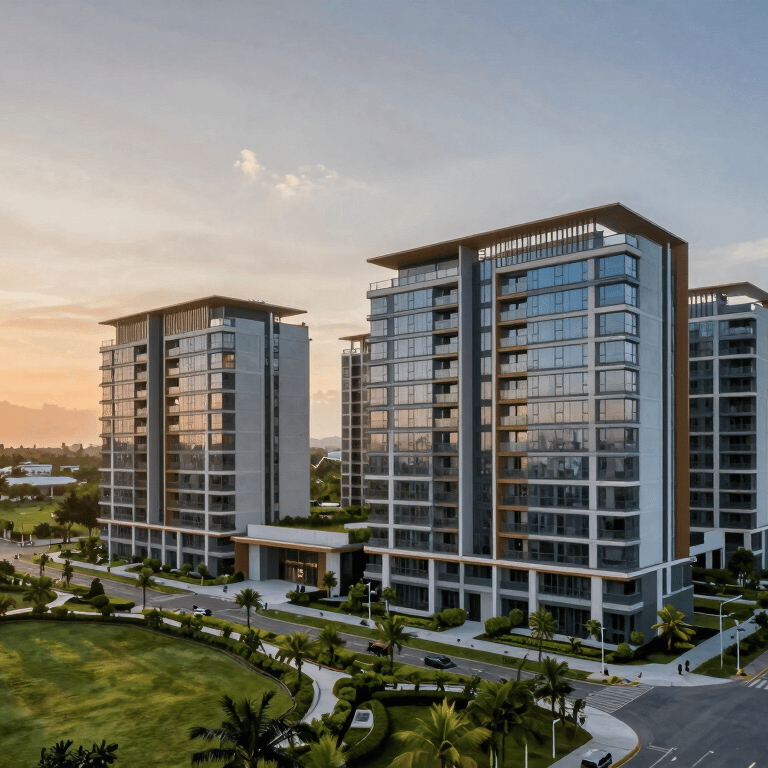 A wide shot of a newly paved road winding through a lush Caribbean / Jamaican landscape, showing precision road construction in the golden hour light.