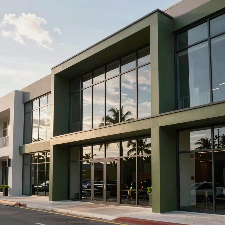 A modern commercial complex in Jamaica with a sleek facade, featuring accents of muted olive green and large glass windows reflecting the tropical sky.