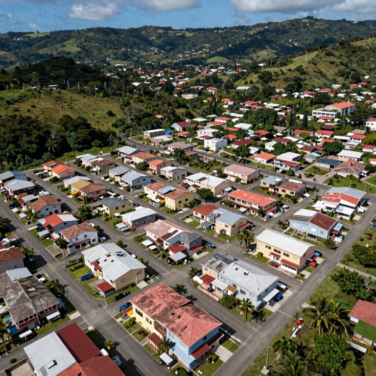 An aerial view of a vibrant housing development community in a Caribbean / Jamaican valley, showcasing uniform roofs and neat infrastructure.