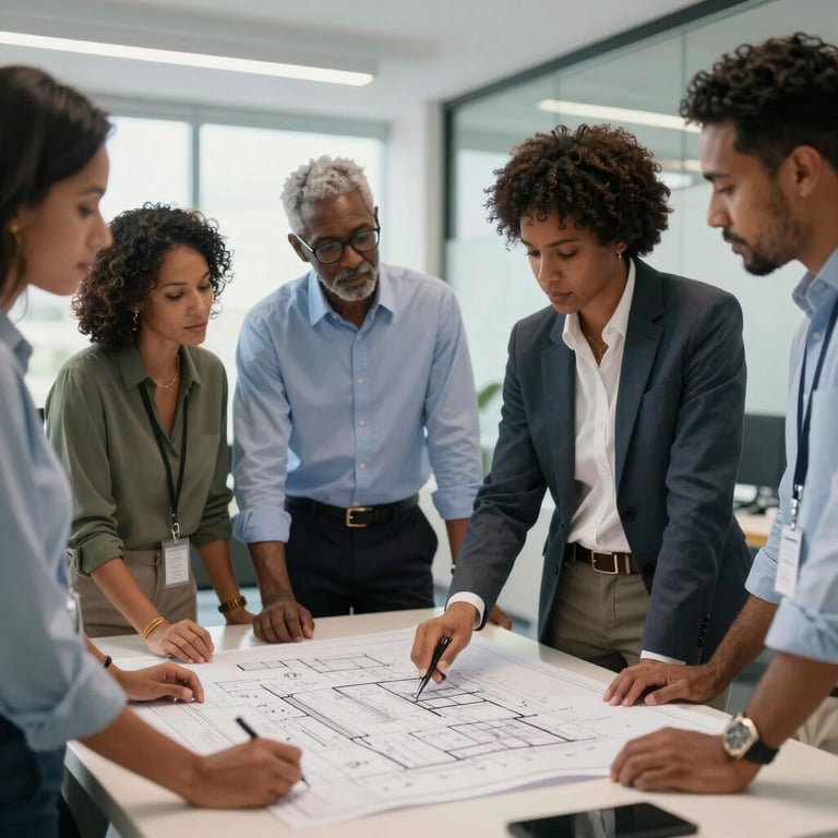 A group of diverse professionals in a Caribbean / Jamaican office discussing blueprints, wearing professional attire, exuding trust and expertise.