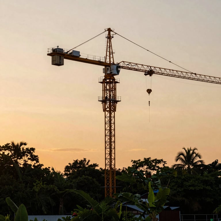A heavy construction crane against a Jamaican sunset, symbolizing growth and industrial strength, with dark forest green silhouettes.