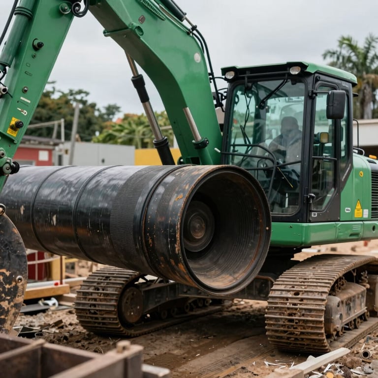A close-up of professional pipe laying in a Caribbean / Jamaican urban project, featuring dark forest green machinery and industrial textures.