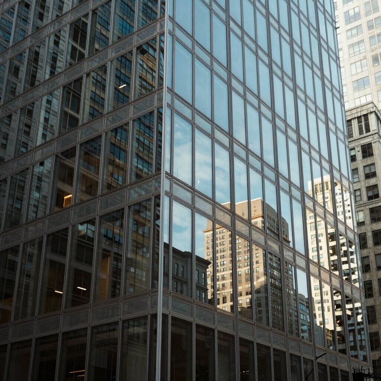Striking architectural detail of a glass-walled office building in a major US city, reflecting a clear sky and urban environment.