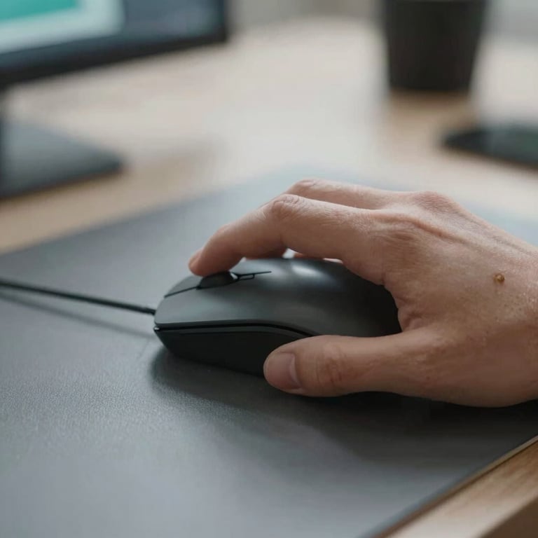 Close-up of a professional hand using a precision mouse to navigate a creative design software interface in a well-lit studio.