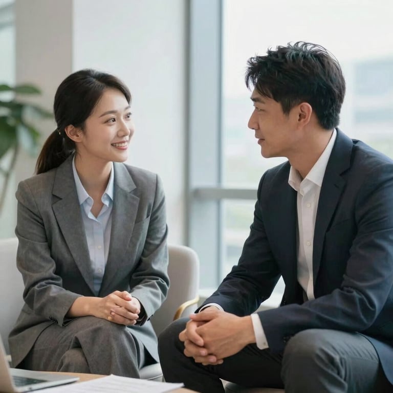 Two business professionals in professional attire engaging in a positive conversation in a bright, modern office lounge.