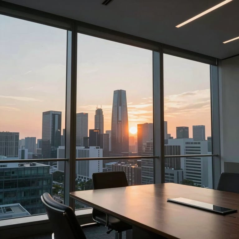 The sun setting behind a modern city skyline, viewed through the large glass windows of a contemporary corporate boardroom.