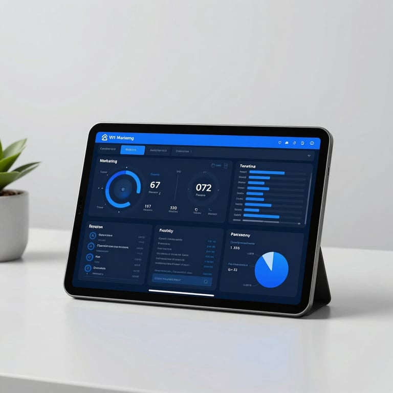 A clean, minimalist US workspace featuring a tablet displaying a live marketing performance dashboard with bright blue accents.