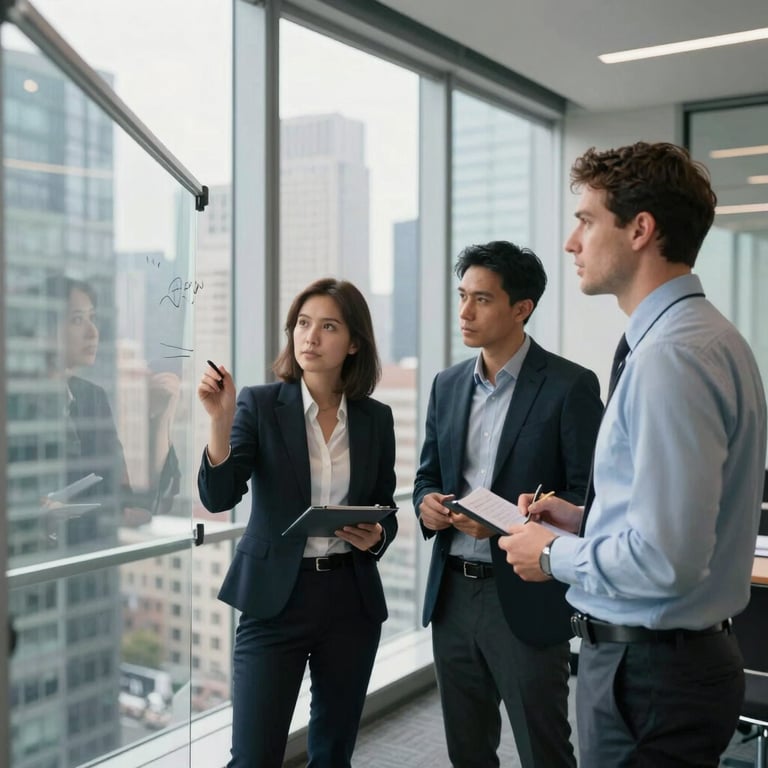 A team of professionals in a modern North American skyscraper office brainstorming on a glass whiteboard with city views.