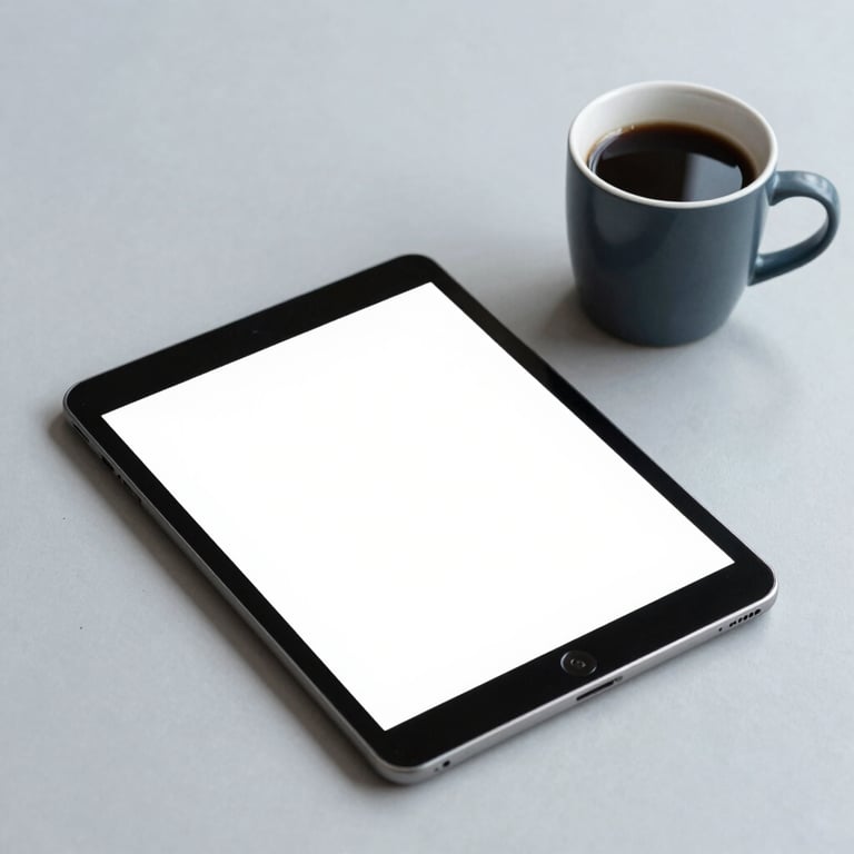 High-angle view of a clean, minimalist workspace with a tablet and coffee cup, light gray and dark blue-gray accents.