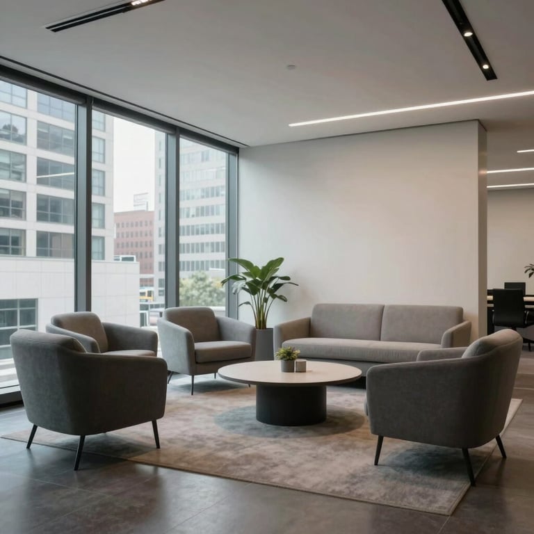 Wide-angle shot of a minimalist lounge area in a corporate office, modern furniture, North American urban setting.