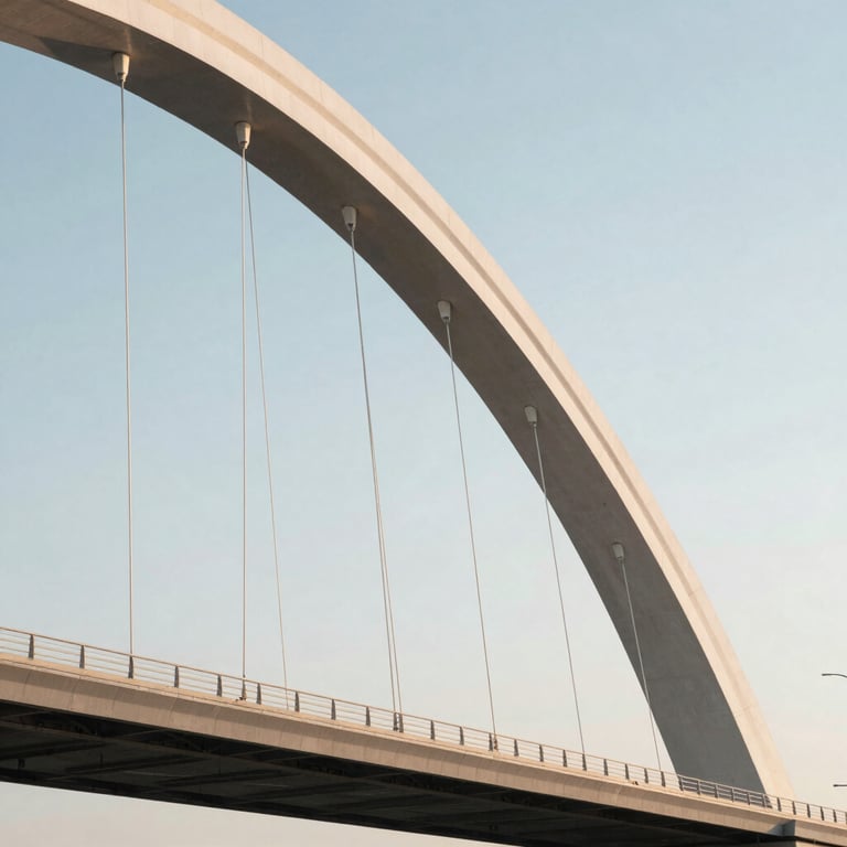 A stylized view of a modern bridge or architectural structure, emphasizing clean lines and engineering, soft morning light.