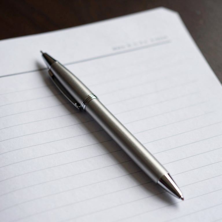 Close-up of a silver pen resting on a crisp white legal pad, minimalist composition with professional depth.