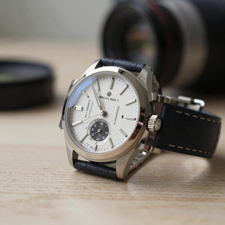 Detail of a luxury wristwatch on a desk, sophisticated atmosphere, soft natural light, North American setting.